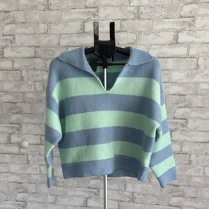 Lumiere Blue and Green Striped V-Neck Sweater